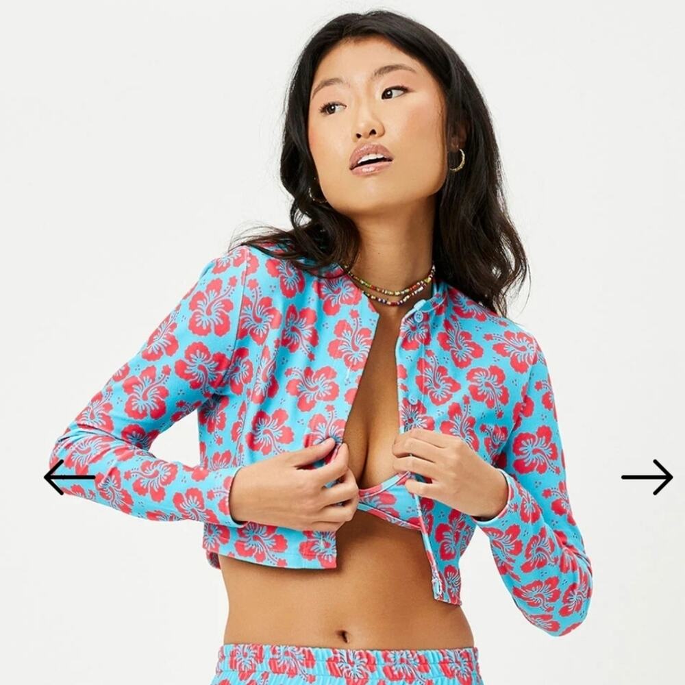 Frankie's Bikinis Cheri Terry Cardigan Sweater in Blue Magic‎ Red Floral Sz XS